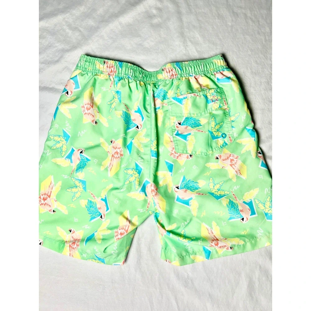 Tipsy Elves Mens Parrot Tropical Swim Trunks Green‎ Retro Board Shorts Size S